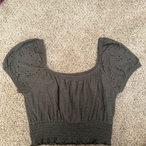 Hollister Green Smocked Puff Sleeve Crop Blouse